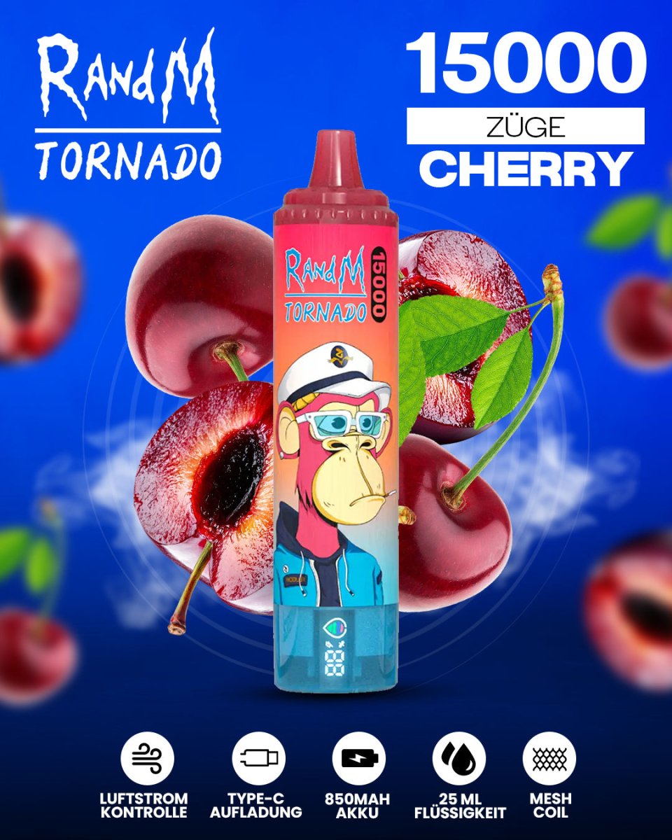 RandM Tornado 15000 Cherry Einweg-Vape mit 15000 Zügen und intensivem Kirschgeschmack