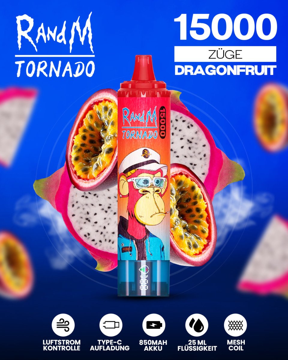 RandM Tornado 15000 Dragonfruit Einweg-Vape mit 15000 Zügen und exotischem Drachenfrucht-Geschmack
