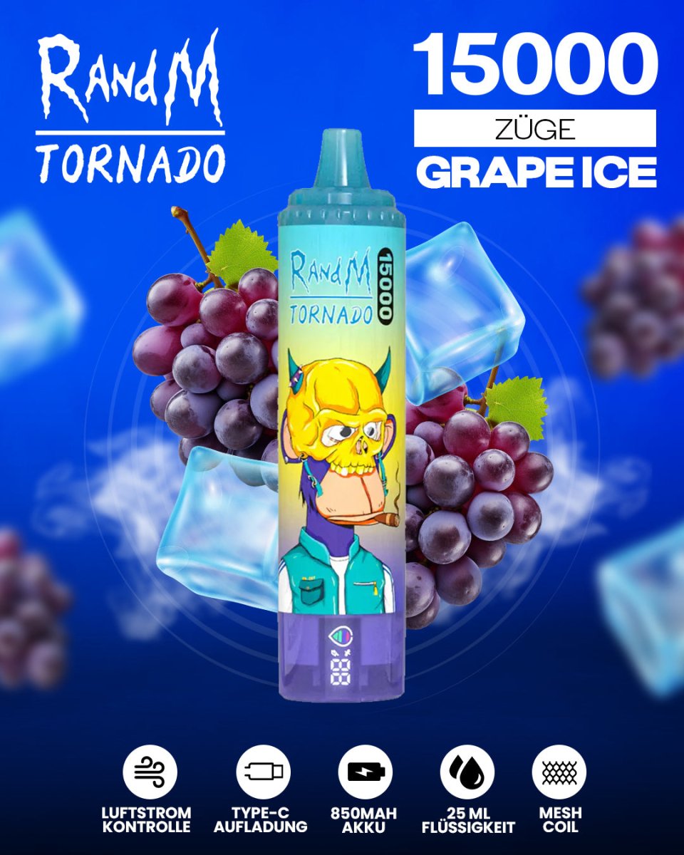 RandM Tornado 15000 Grape Ice Einweg-Vape mit 15000 Zügen und eiskalt-fruchtigem Trauben-Menthol-Geschmack