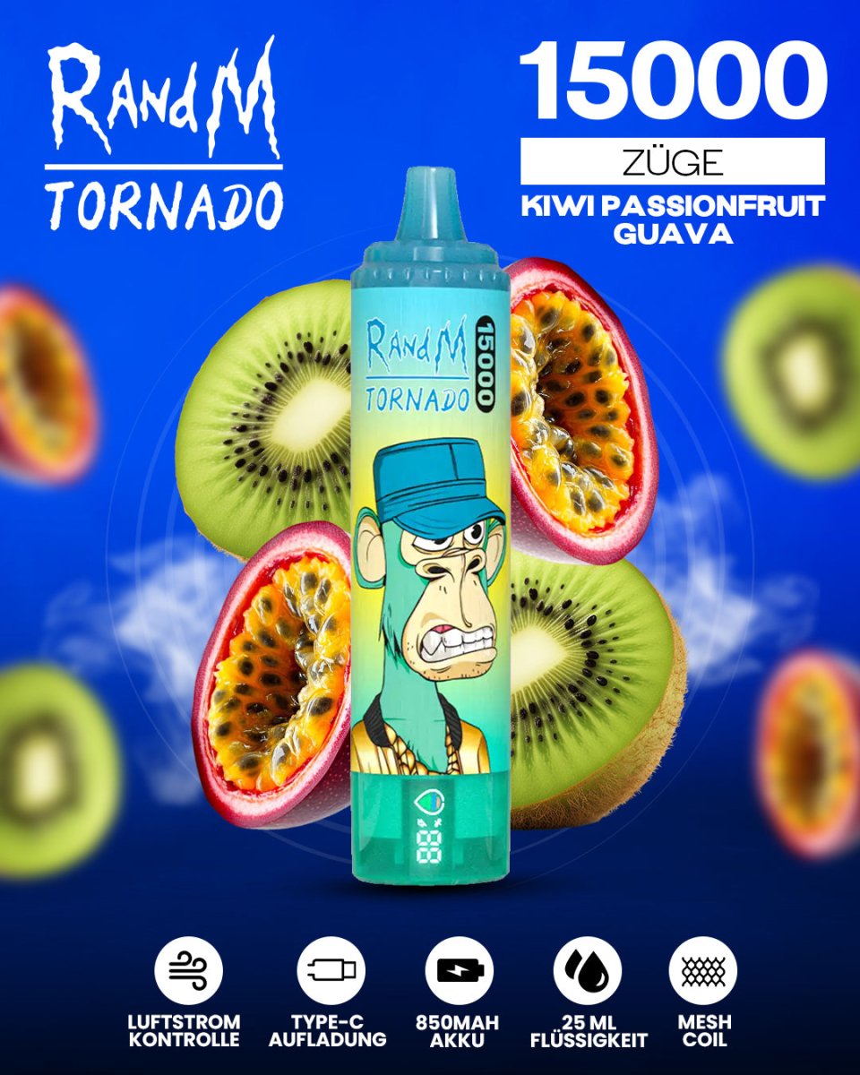 RandM Tornado 15000 Kiwi Passionfruit Guava Einweg-Vape mit 15000 Zügen und exotischem Kiwi-Passionsfrucht-Guave-Geschmack