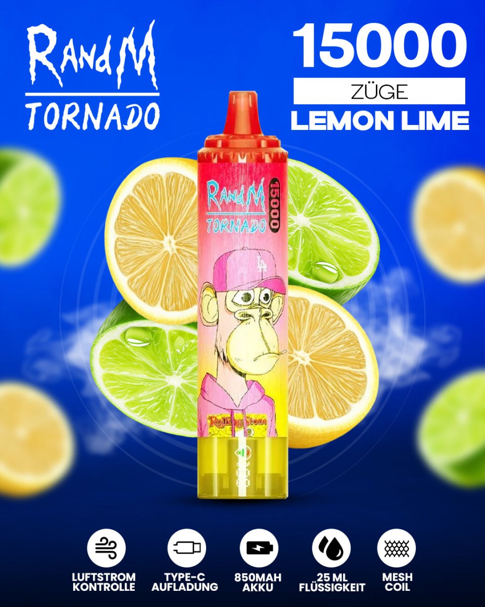 RandM Tornado 15000 Lemon Lime Einweg-Vape mit 15000 Zügen und spritzig-frischem Zitronen-Limetten-Geschmack