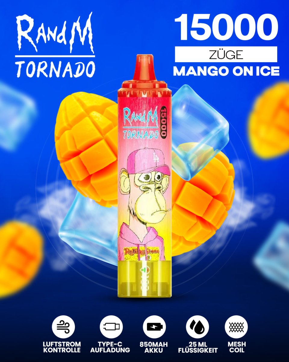 RandM Tornado 15000 Mango on Ice Einweg-Vape mit 15000 Zügen und tropisch-kühlem Mango-Menthol-Geschmack