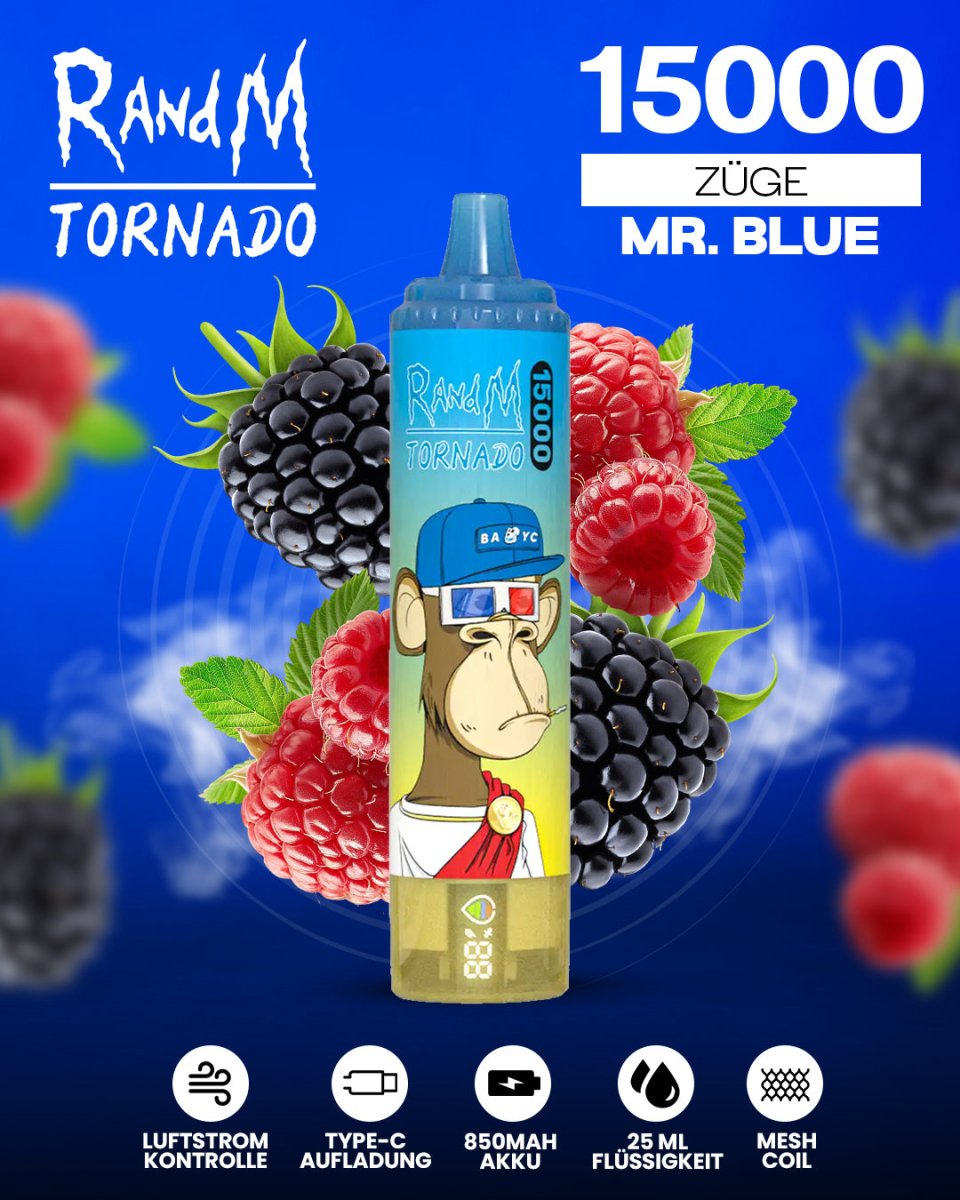 RandM Tornado 15000 Mr. Blue Einweg-Vape mit 15000 Zügen und fruchtig-erfrischendem Mr.-Blue-Geschmack