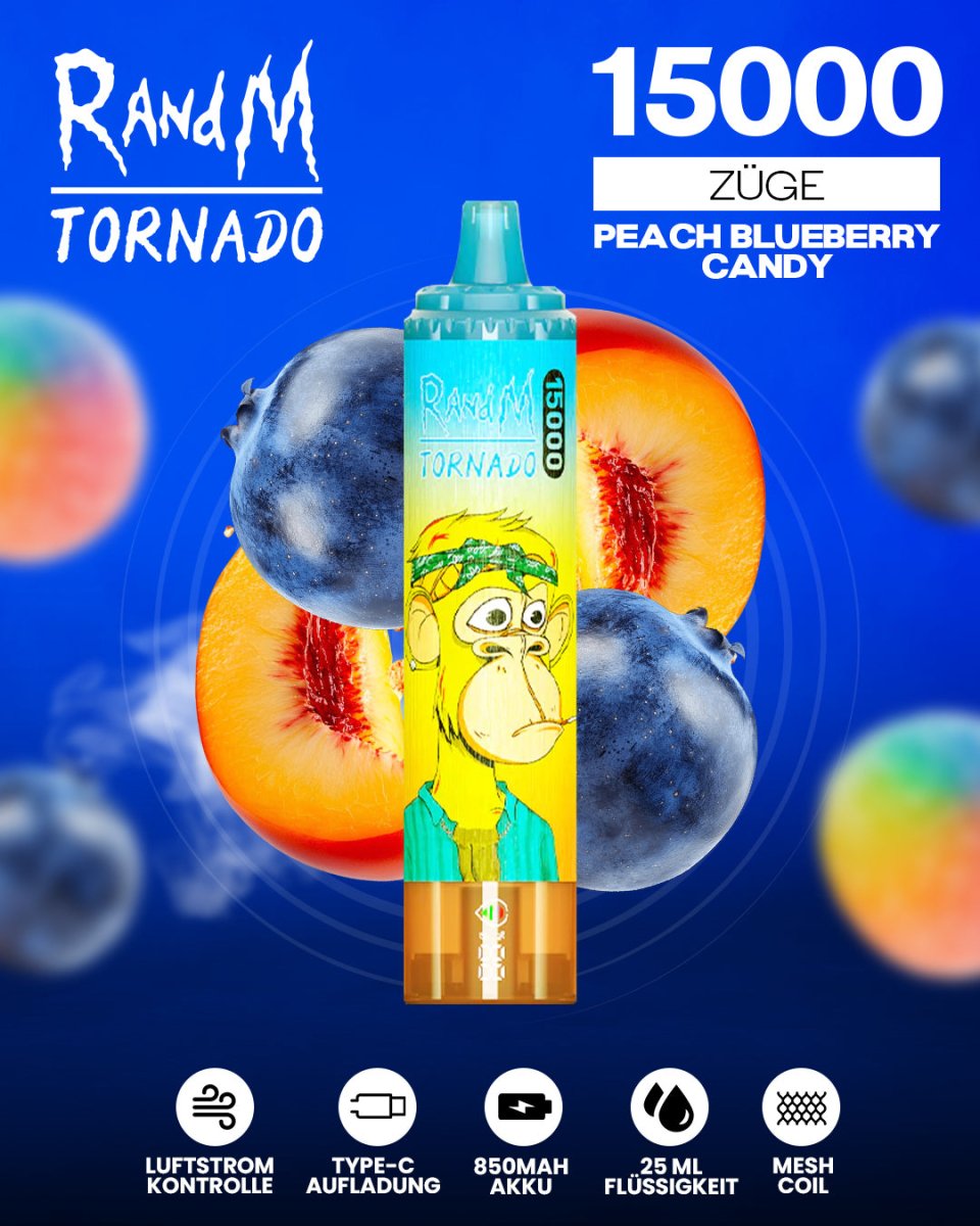 RandM Tornado 15000 Peach Blueberry Candy Einweg-Vape mit 15000 Zügen und süß-fruchtigem Pfirsich-Blaubeer-Bonbon-Geschmack
