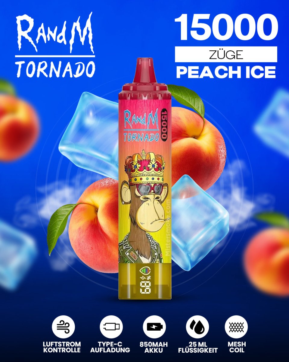 RandM Tornado 15000 Peach Ice Einweg-Vape mit 15000 Zügen und fruchtig-kühlem Pfirsich-Menthol-Geschmack