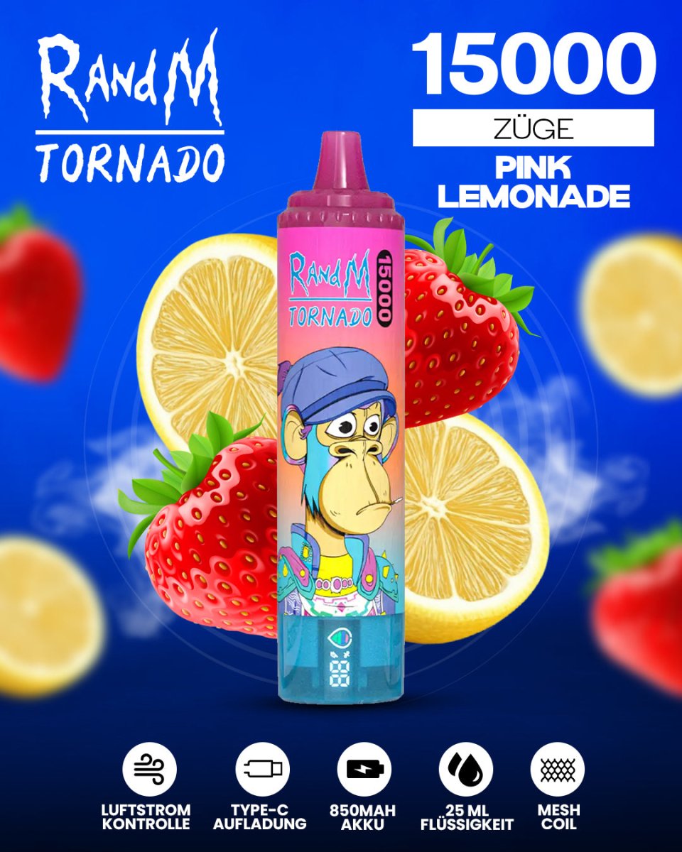 RandM Tornado 15000 Pink Lemonade Einweg-Vape mit 15000 Zügen und spritzig-fruchtigem Zitronen-Beeren-Limonaden-Geschmack
