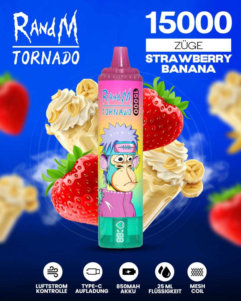 RandM Tornado 15000 Strawberry Banana Einweg-Vape mit 15000 Zügen und cremig-fruchtigem Erdbeer-Bananen-Geschmack
