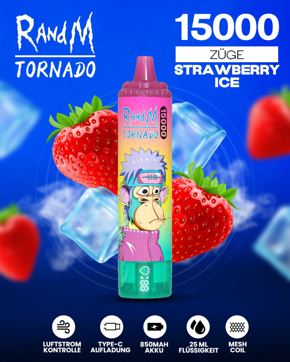 RandM Tornado 15000 Strawberry Ice Einweg-Vape mit 15000 Zügen und erfrischendem Erdbeer-Menthol-Geschmack