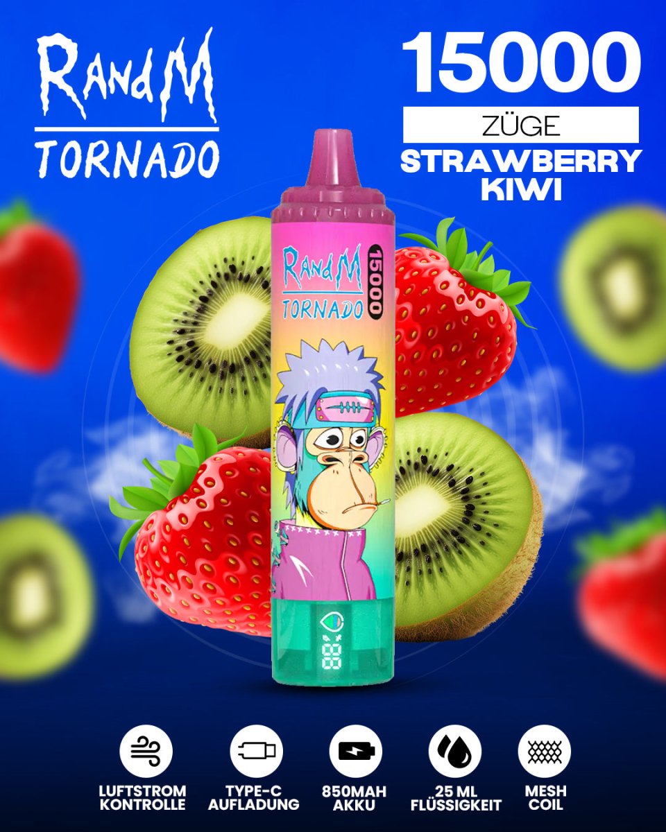 RandM Tornado 15000 Strawberry Kiwi Einweg-Vape mit 15000 Zügen und exotischem Erdbeer-Kiwi-Geschmack