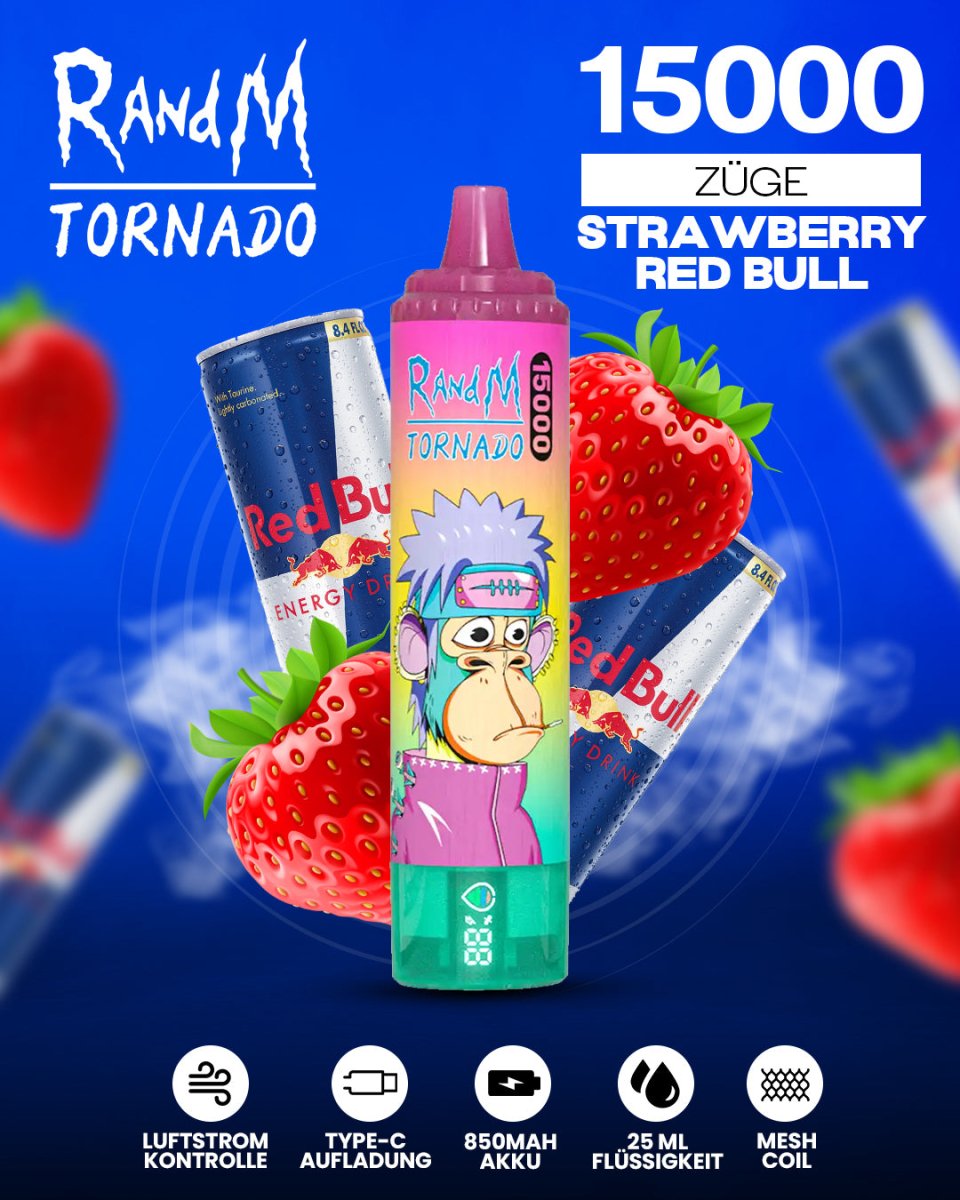 RandM Tornado 15000 Strawberry Red Bull Einweg-Vape mit 15000 Zügen und belebendem Erdbeer-Energy-Getränke-Geschmack