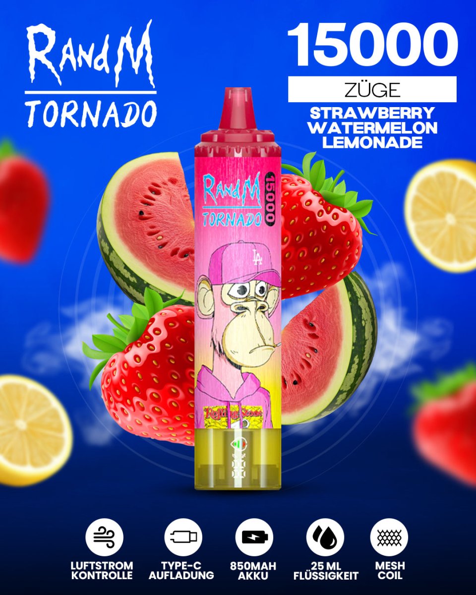 RandM Tornado 15000 Strawberry Watermelon Lemonade Einweg-Vape mit 15000 Zügen und fruchtig-erfrischendem Erdbeer-Wassermelonen-Limonaden-Geschmack