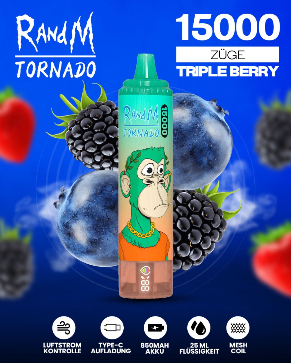 RandM Tornado 15000 Triple Berry Einweg-Vape mit 15 000 Zügen und fruchtiger Himbeer-Blaubeer-Erdbeer-Geschmacks­­komposition