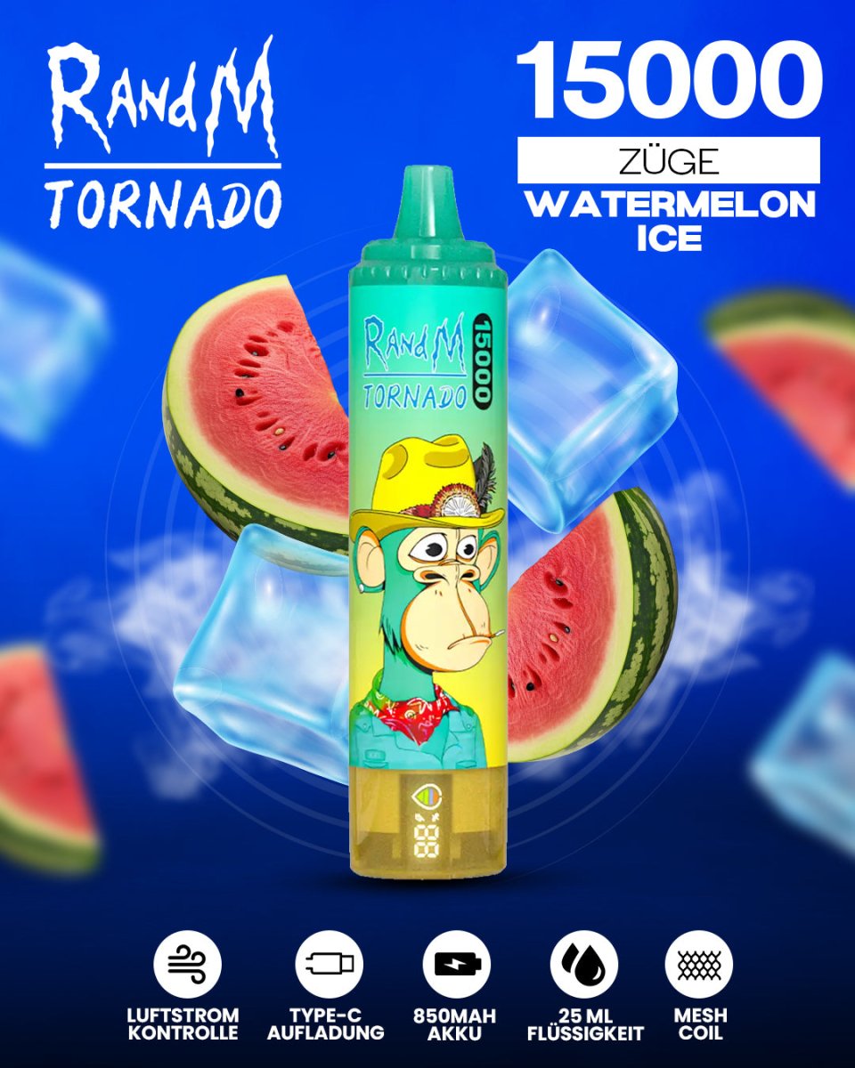 RandM Tornado 15000 Watermelon Ice Einweg-Vape mit 15000 Zügen und fruchtig-kühlem Wassermelone-Menthol-Geschmack