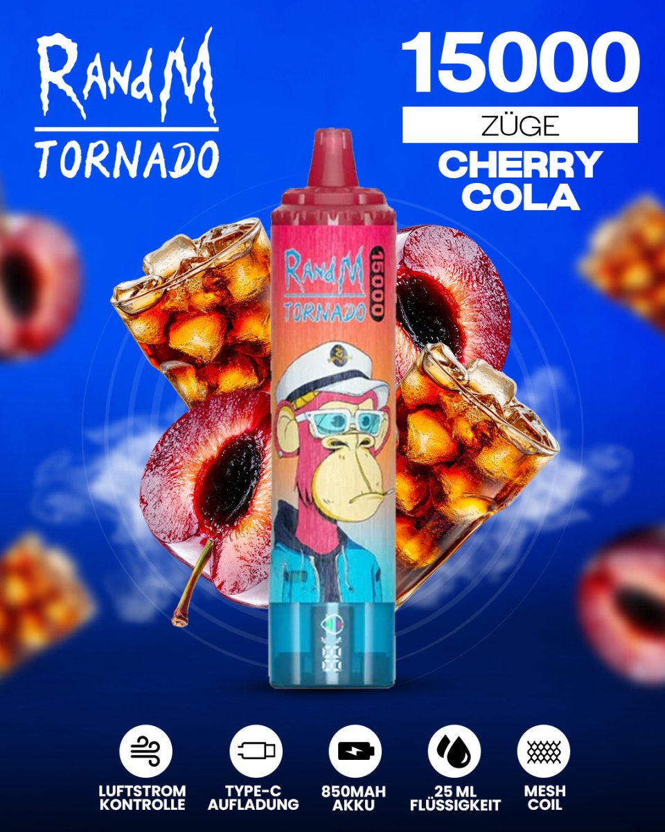 RandM Tornado 15000 Cherry Cola Einweg-Vape mit 15000 Zügen und spritzig-süßem Kirsch-Cola-Geschmack