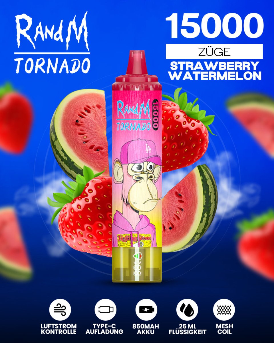 RandM Tornado 15000 Strawberry Watermelon Einweg-Vape mit 15000 Zügen und fruchtig-erfrischendem Erdbeer-Wassermelonen-Geschmack