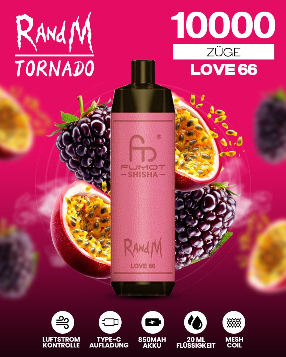 RandM Tornado 10000 Love 66 Shisha-Vape mit 10 000 Zügen und tropisch-fruchtigem Wassermelone-Honigmelone-Passionsfrucht-Minz-Geschmack