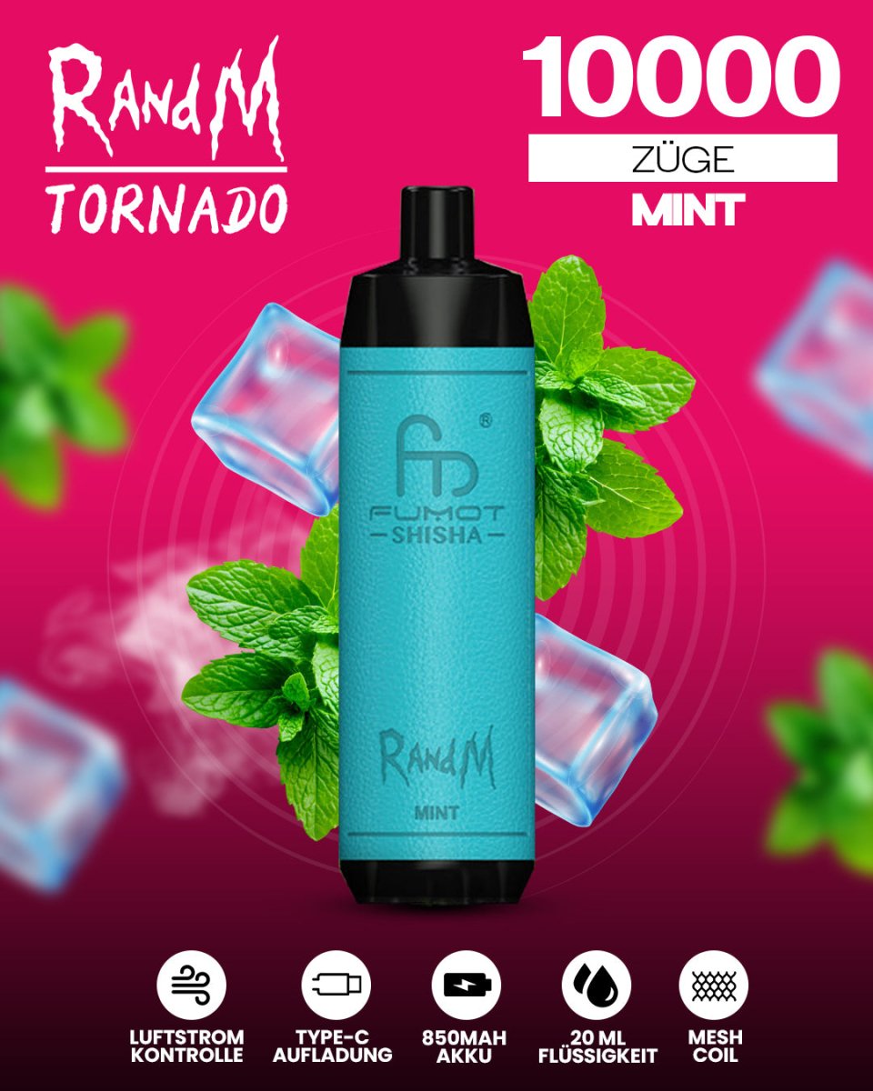 RandM Tornado 10000 Mint Shisha-Vape mit 10 000 Zügen und intensiv kühlem Minzgeschmack