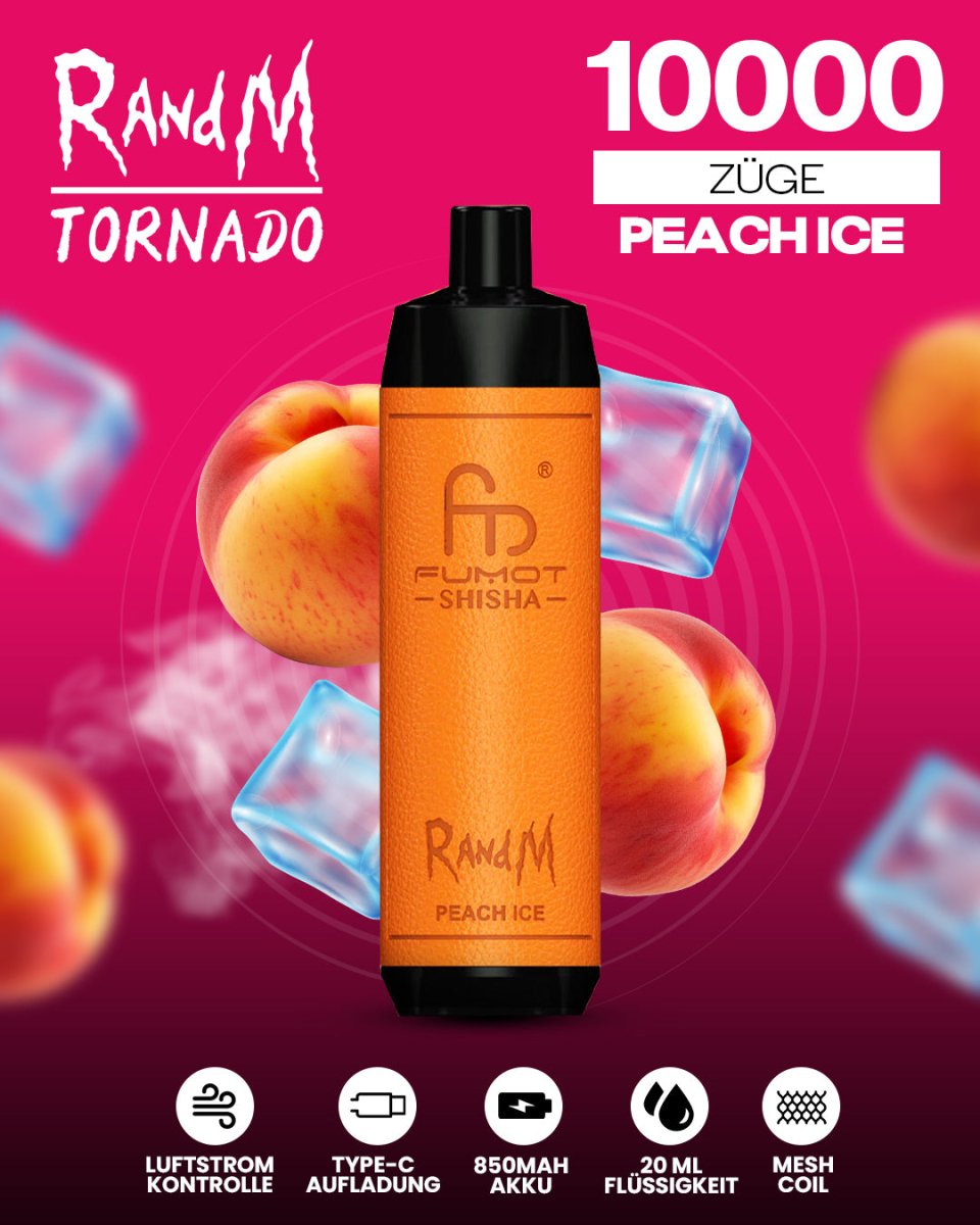 RandM Tornado 10000 Peach Ice Shisha-Vape mit 10000 Zügen und fruchtig-kühlem Pfirsich-Menthol-Geschmack