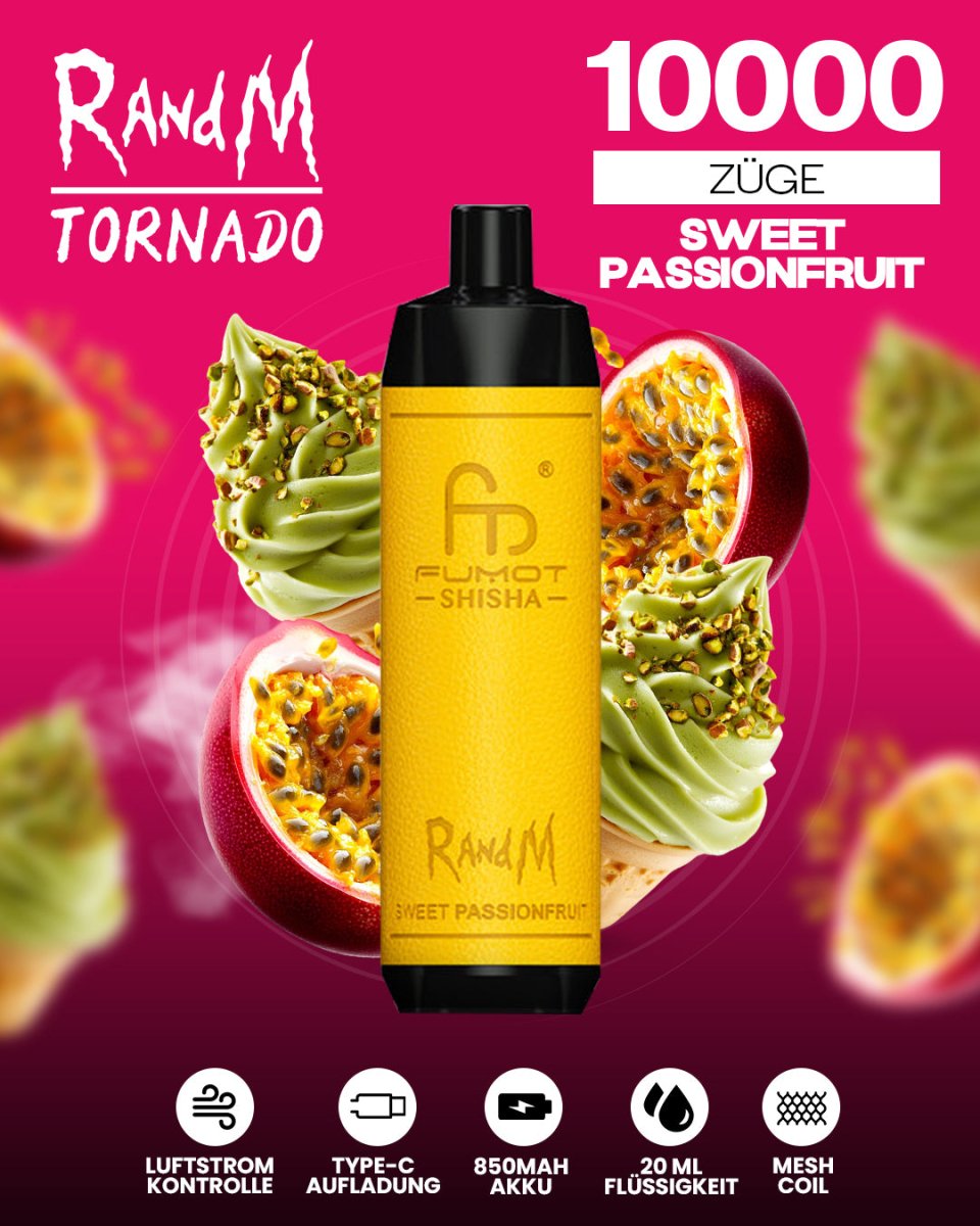 RandM Tornado 10000 Sweet Passionfruit Shisha-Vape mit 10000 Zügen und süß-tropischem Passionsfrucht-Geschmack