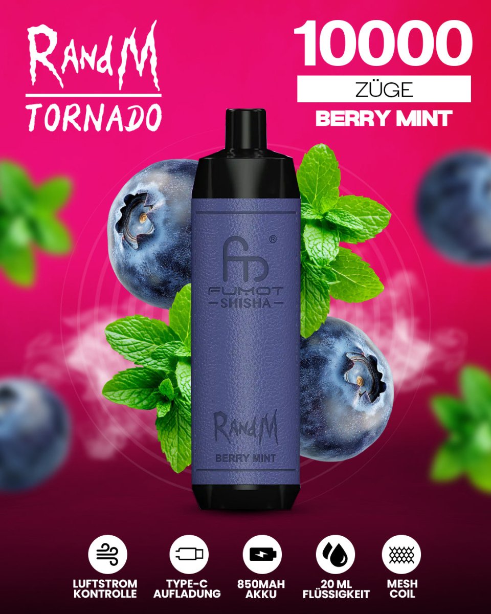 RandM Tornado 10000 Berry Mint Shisha-Vape mit 10 000 Zügen und fruchtig-kühlem Beeren-Minz-Geschmack