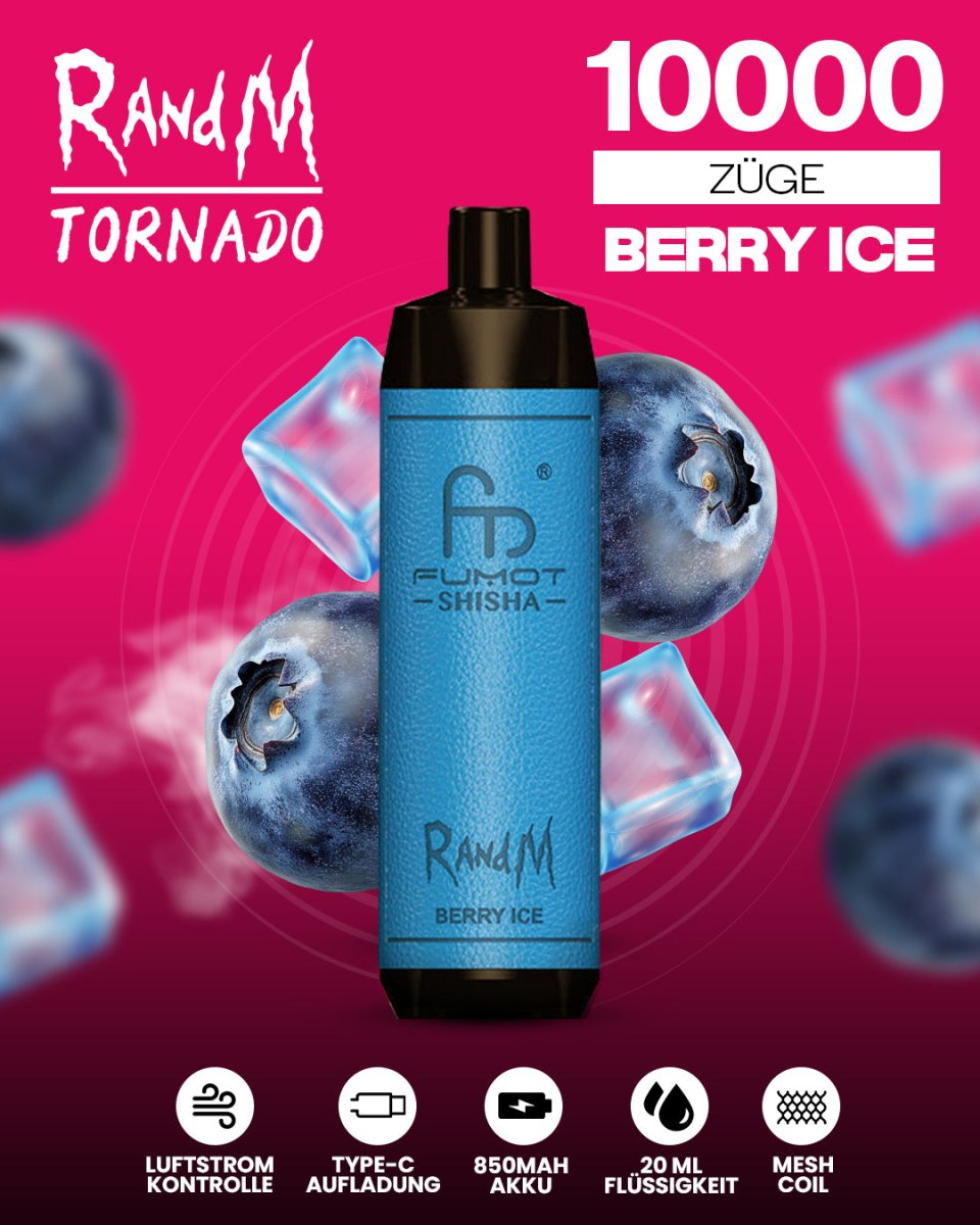 RandM Tornado 10000 Berry Ice Shisha-Vape mit 10000 Zügen und fruchtig-kühlem Beeren-Menthol-Geschmack