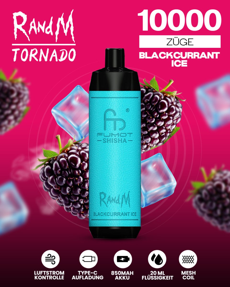 ChatGPT:
RandM Tornado 10000 Blackcurrant Ice Shisha-Vape mit 10 000 Zügen und fruchtig-kühlem Schwarze-Johannisbeere-Menthol-Geschmack