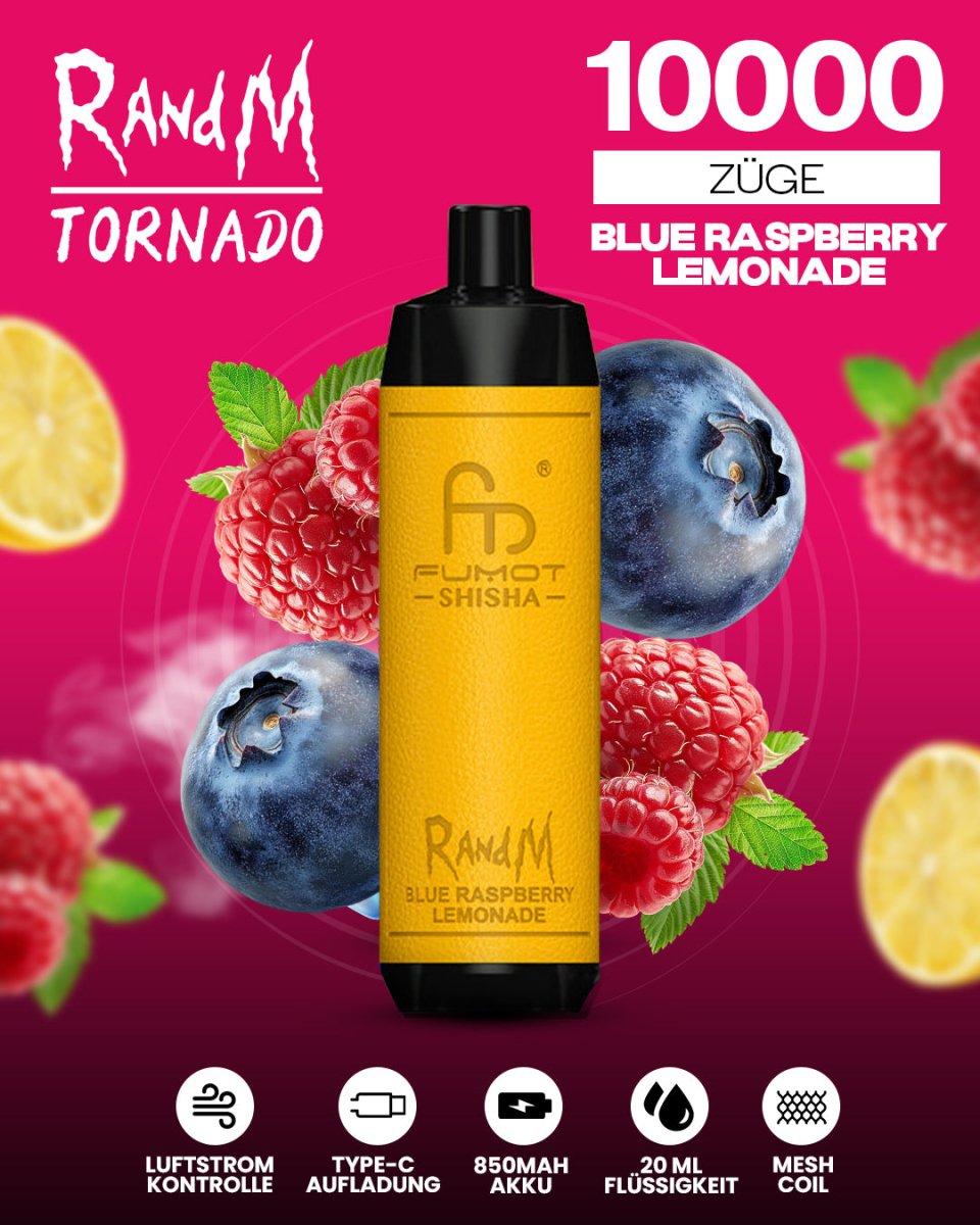 RandM Tornado 10000 Blue Raspberry Lemonade Shisha-Vape mit 10000 Zügen und erfrischend-süßem Blue-Raspberry-Limonaden-Geschmack