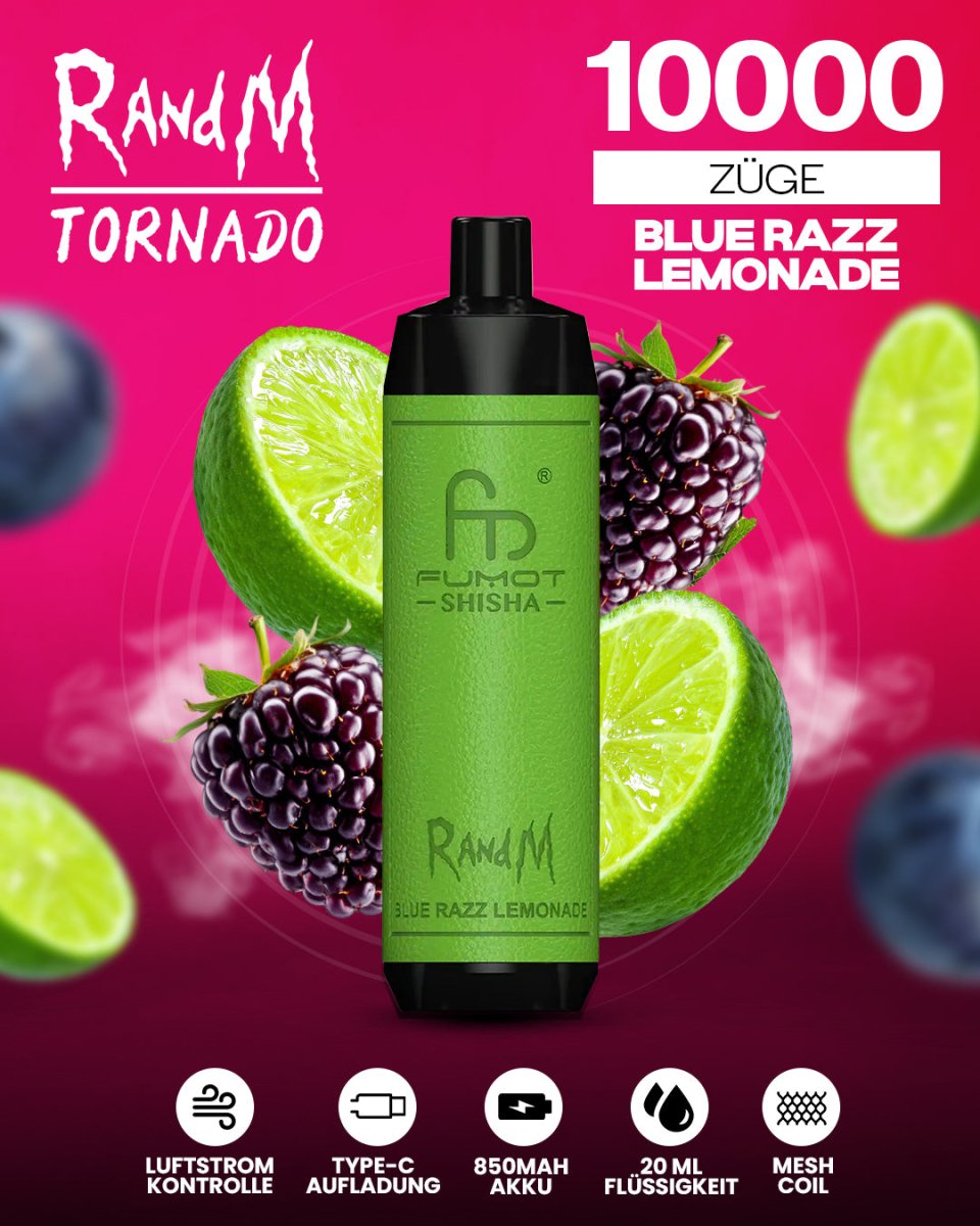 RandM Tornado 10000 Blue Razz Lemonade Shisha-Vape mit 10 000 Zügen und erfrischend-süßem Blue-Razz-Limonaden-Geschmack