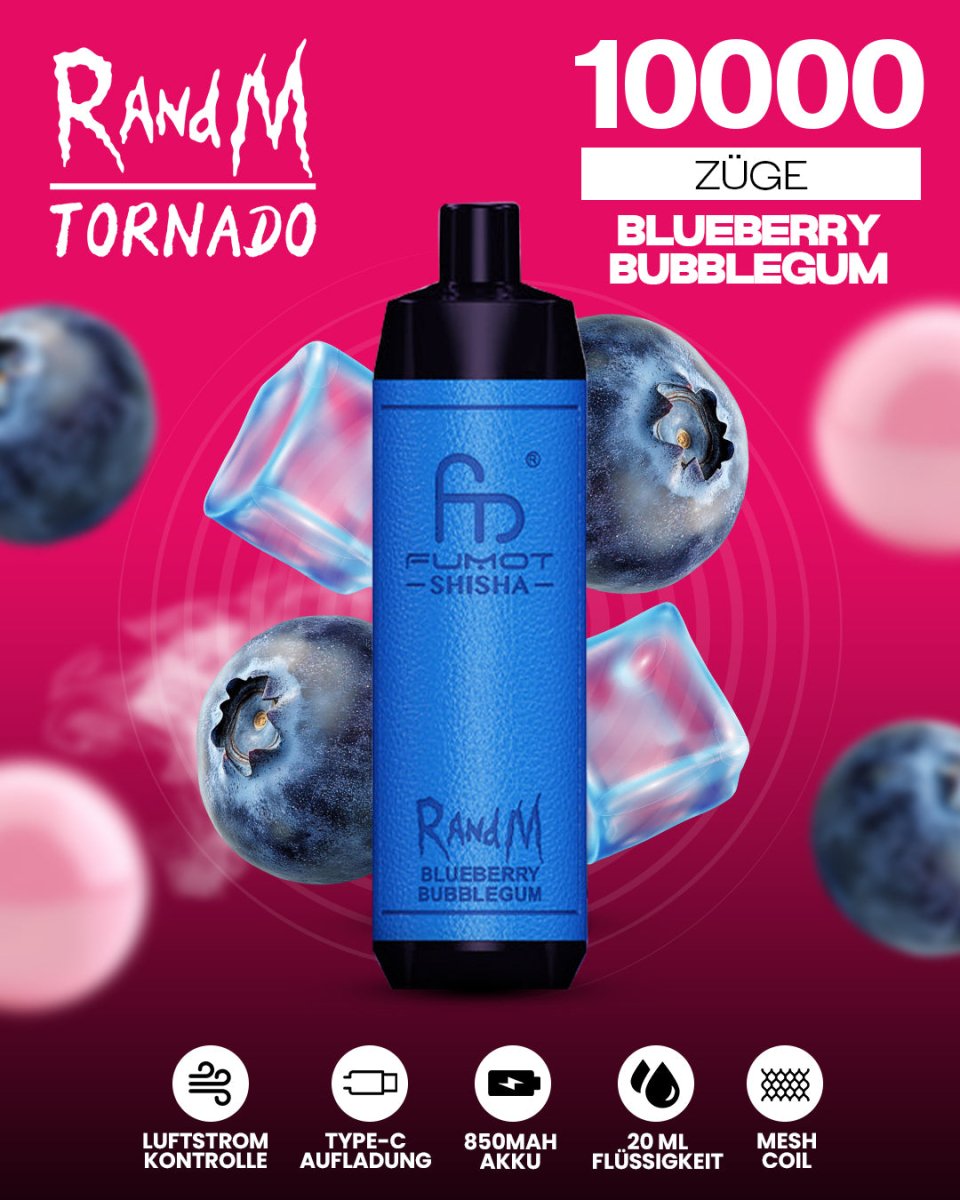 RandM Tornado 10000 Blueberry Bubblegum Shisha-Vape mit 10 000 Zügen und süßem Blaubeer-Kaugummi-Geschmack
