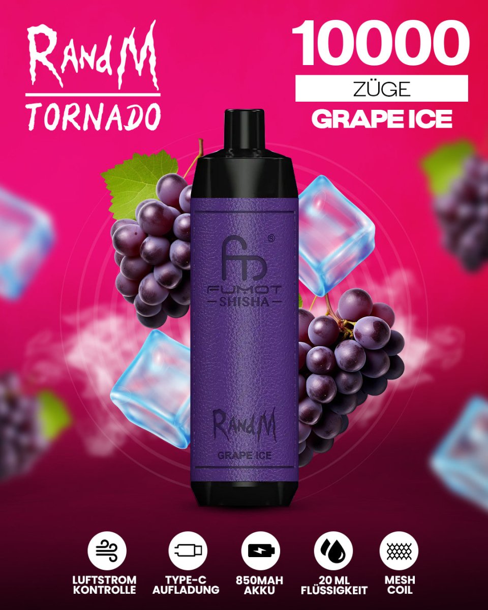RandM Tornado 10000 Grape Ice Shisha-Vape mit 10000 Zügen und eiskalt-fruchtigem Traubengeschmack