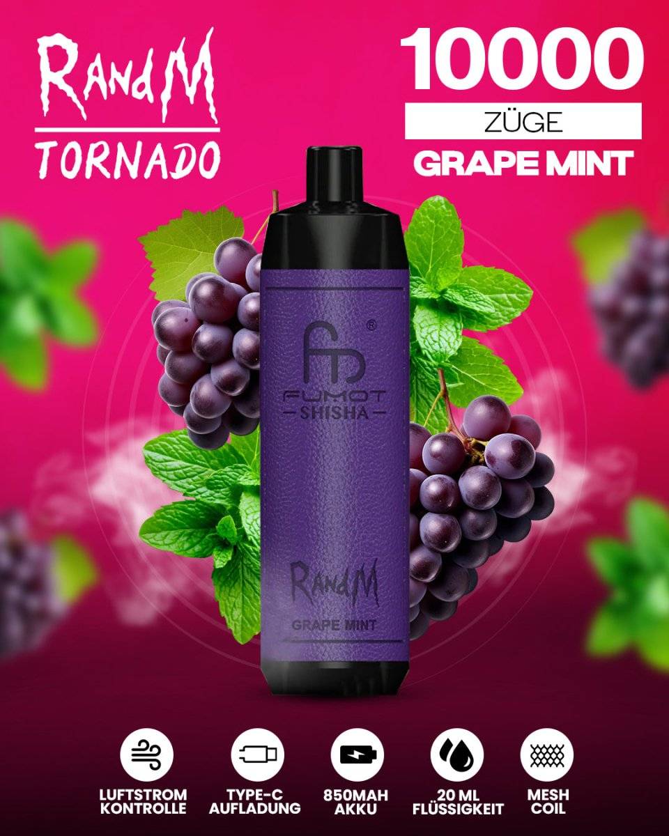 RandM Tornado 10000 Grape Mint Shisha-Vape mit 10000 Zügen und erfrischend-süßem Trauben-Minz-Geschmack