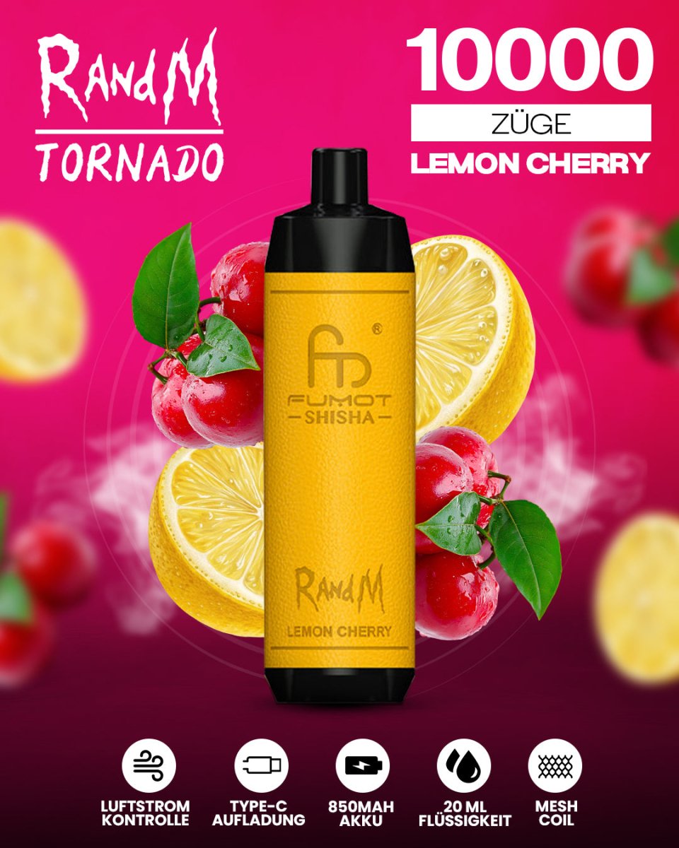 RandM Tornado 10000 Lemon Cherry Shisha-Vape mit 10 000 Zügen und spritzig-süßem Zitronen-Kirsch-Geschmack