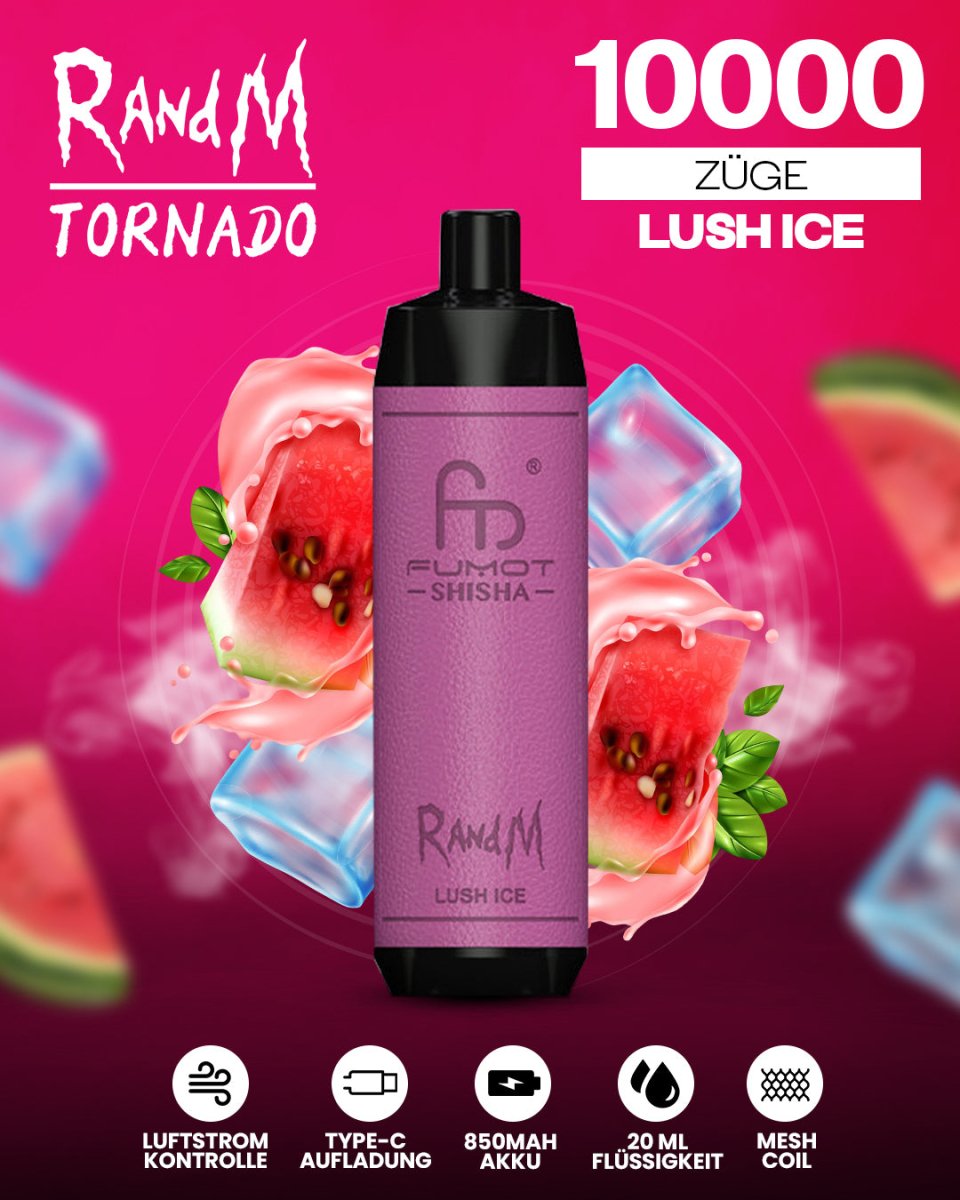 RandM Tornado 10000 Lush Ice Shisha-Vape mit 10 000 Zügen und erfrischendem Wassermelonen-Menthol-Geschmack