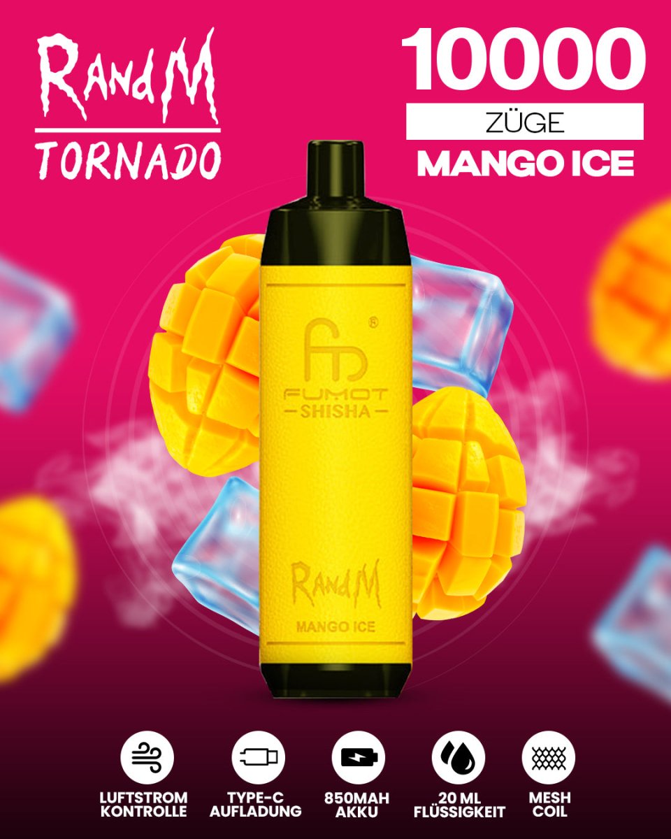 RandM Tornado 10000 Mango Ice Shisha-Vape mit 10 000 Zügen und tropisch-kühlem Mango-Menthol-Geschmack