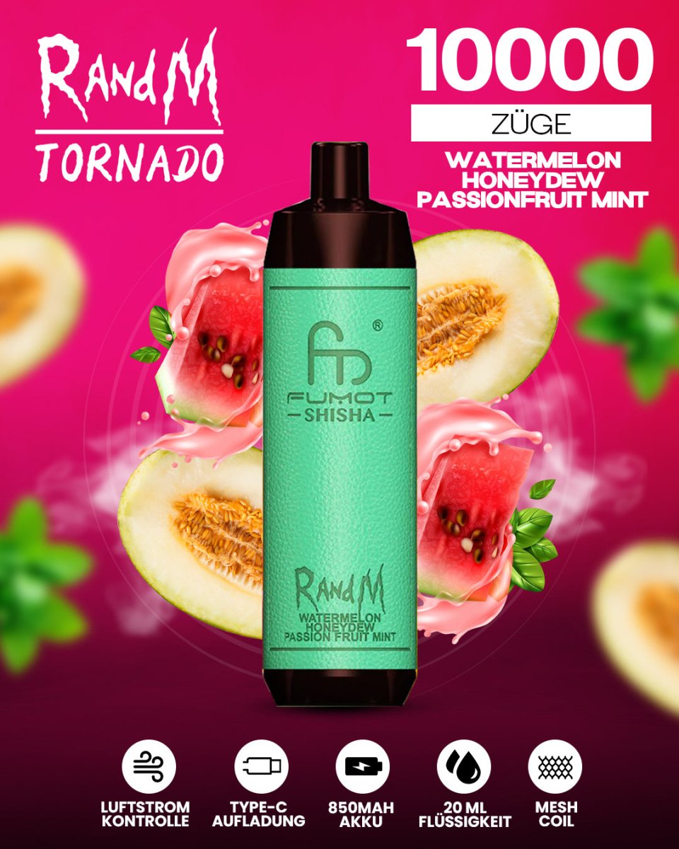 RandM Tornado 10000 Watermelon Honeydew Passionfruit Shisha-Vape mit 10000 Zügen und tropisch-fruchtigem Wassermelone-Honigmelone-Passionsfrucht-Geschmack