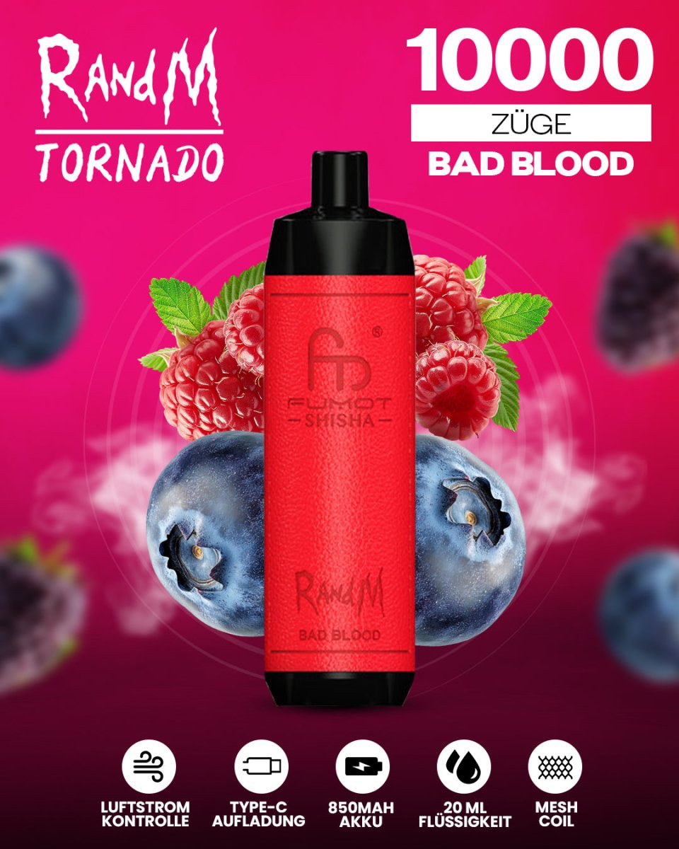 RandM Tornado 10000 Bad Blood Shisha-Vape mit 10000 Zügen und intensivem dunklem Beerenmix-Geschmack