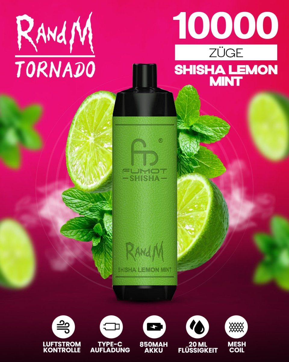 RandM Tornado 10000 Lemon Mint Shisha-Vape mit 10 000 Zügen und erfrischend-zitronigem Minzgeschmack