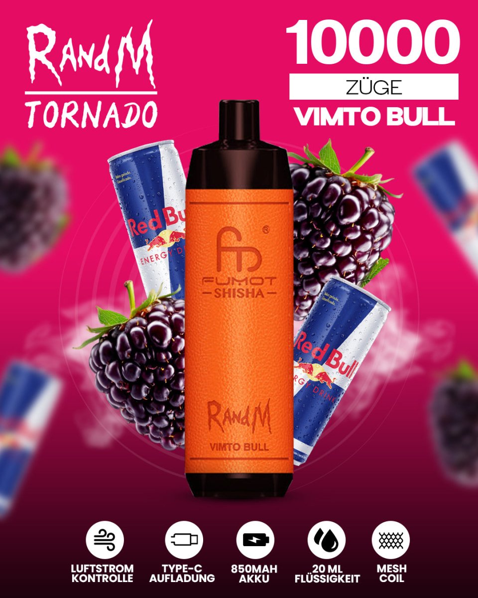 RandM Tornado 10000 Vimto Bull Shisha-Vape mit 10000 Zügen und fruchtig-belebendem Beeren-Energy-Geschmack