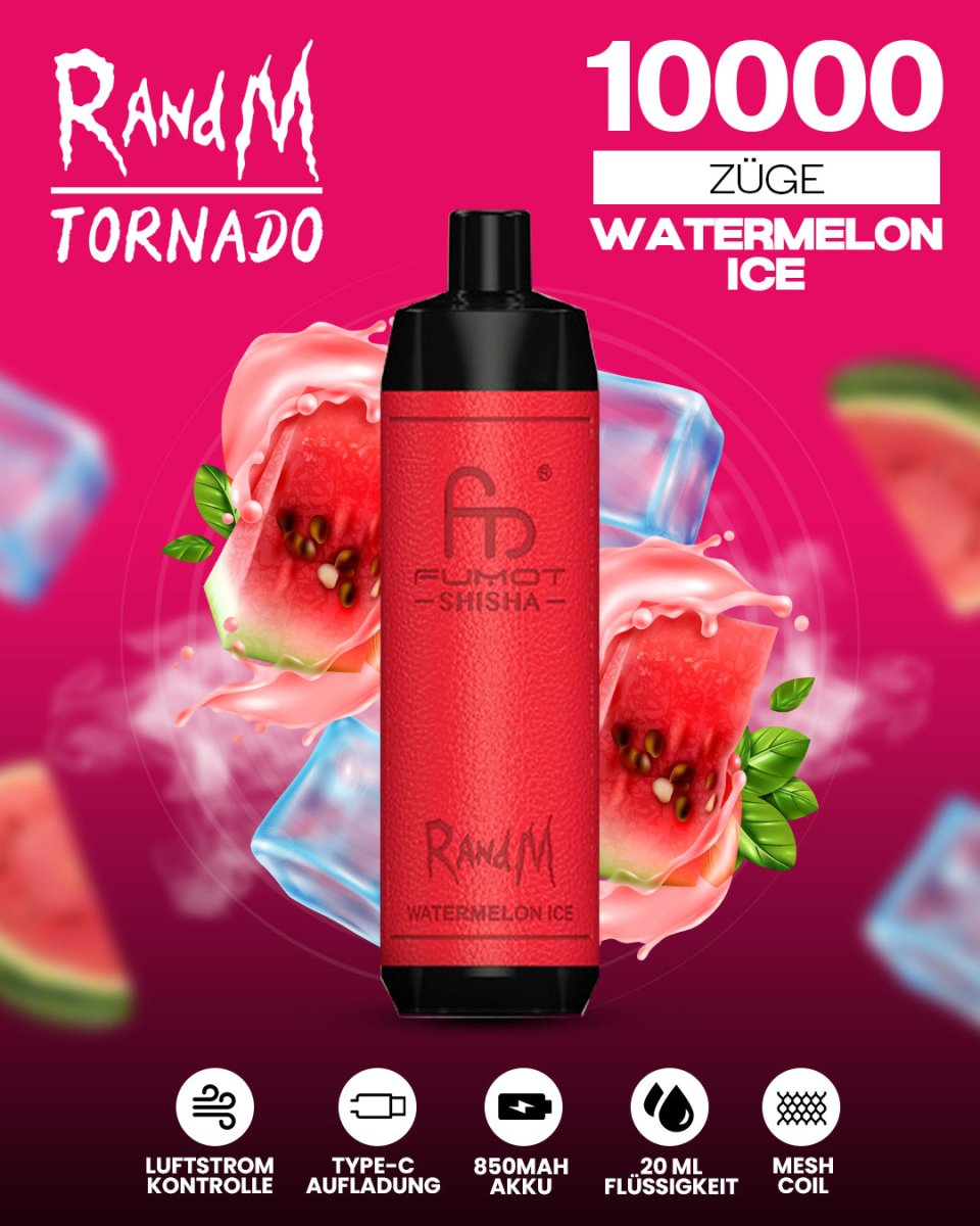 RandM Tornado 10000 Watermelon Ice Shisha-Vape mit 10000 Zügen und erfrischendem Wassermelonen-Menthol-Geschmack