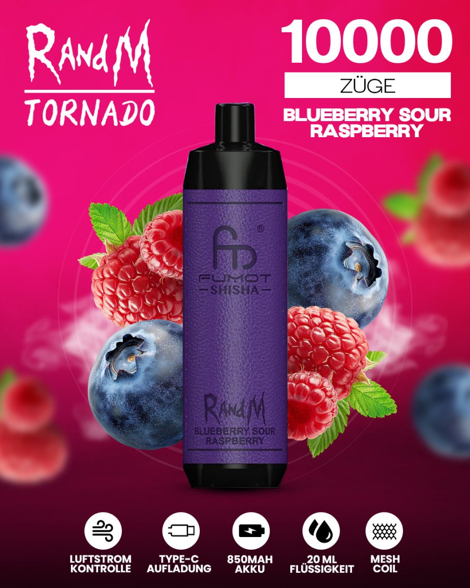 RandM Tornado 10000 Blueberry Sour Raspberry Shisha-Vape mit 10 000 Zügen und süß-säuerlichem Blaubeer-Himbeer-Geschmack