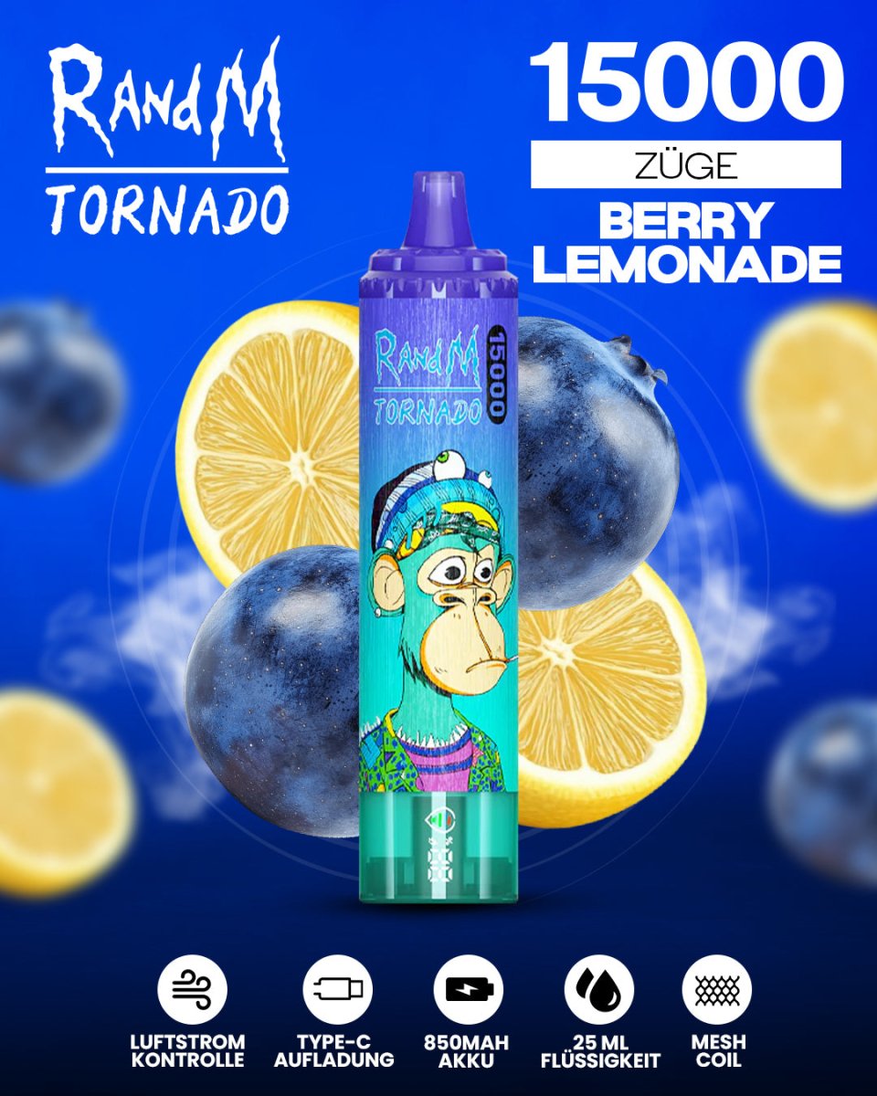 RandM Tornado 15000 Berry Lemonade Einweg-Vape mit 15000 Zügen und fruchtig-erfrischendem Beeren-Limonaden-Geschmack