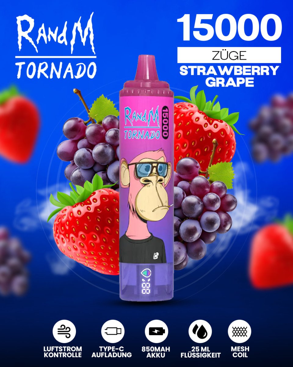 RandM Tornado 15000 Strawberry Grape Einweg-Vape mit 15000 Zügen und fruchtigem Erdbeer-Trauben-Geschmack